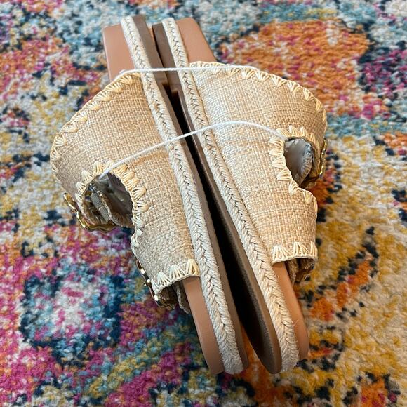 American Eagle AE Stitched Slide Sandals Natural Beige Tan Gold Buckles Size 10 - Picture 7 of 14